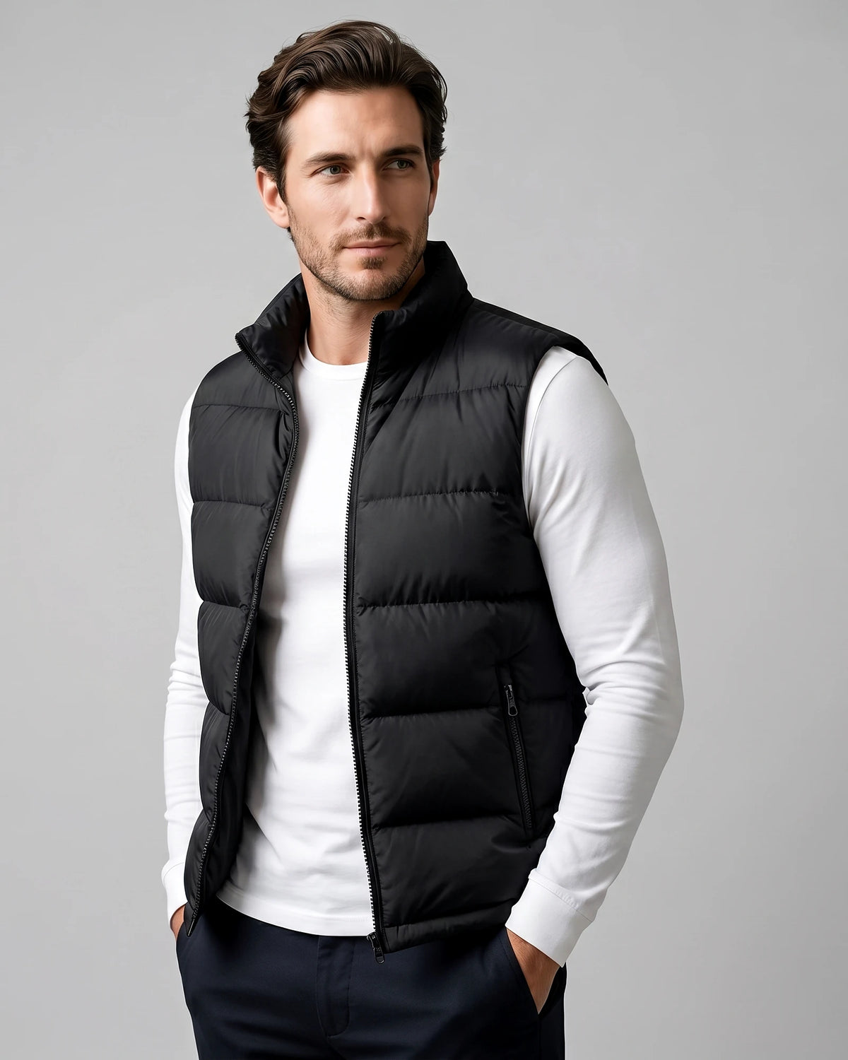 Men's Quilted Padded Gilet Stand Collar Full-Zip Green - Valedrian — view 6