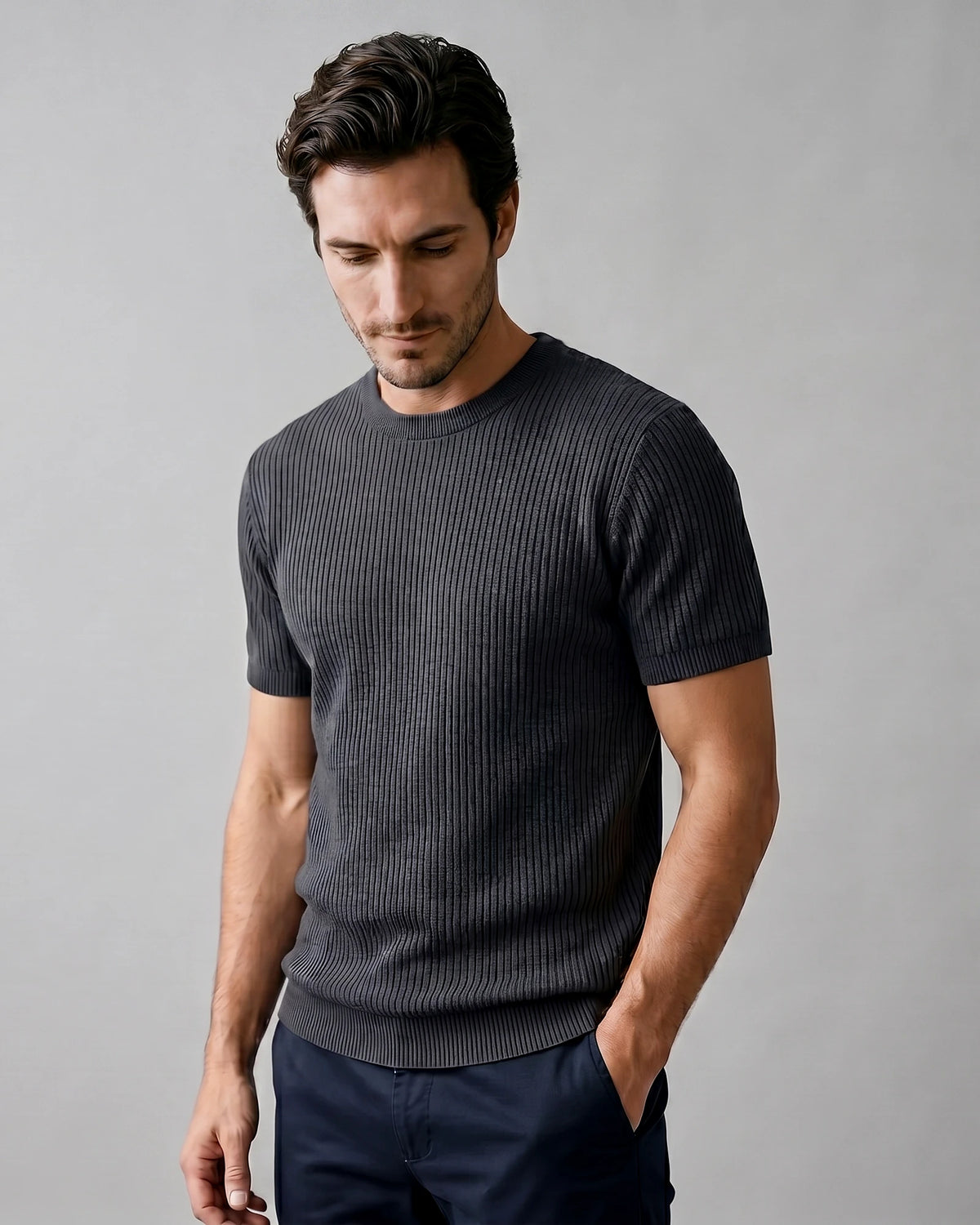 Men's Ribbed Knit T-Shirt Crew Neck Regular Fit – Valedrian — view 26