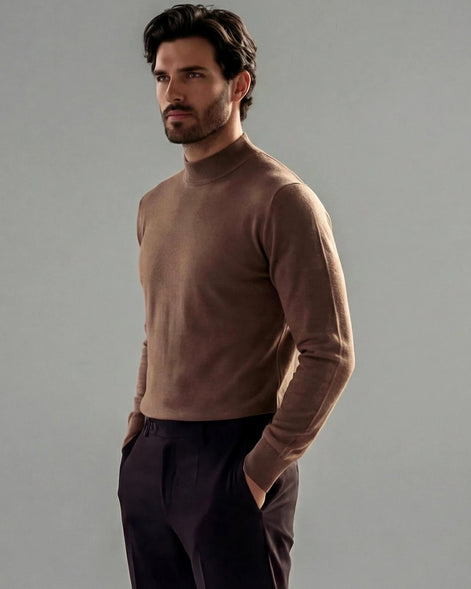 Men's Ribbed Knit Turtleneck Sweater Wool Blend Brown Navy XS–XL - Valedrian