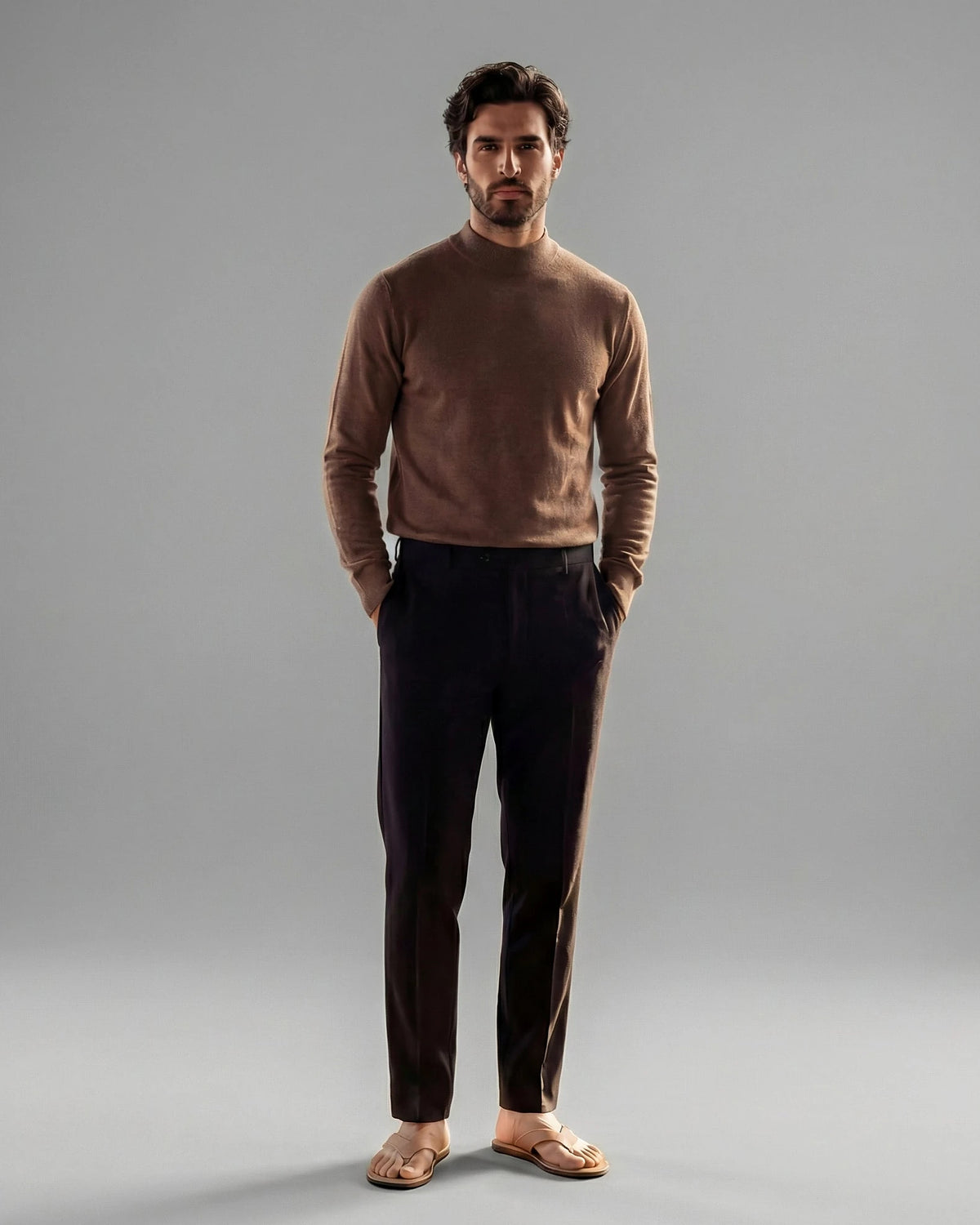 Men's Ribbed Knit Turtleneck Sweater Wool Blend Brown Navy XS–XL - Valedrian — view 3