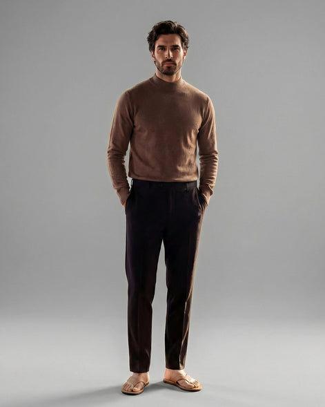 Men's Ribbed Knit Turtleneck Sweater Wool Blend Brown Navy XS–XL - Valedrian — view 3