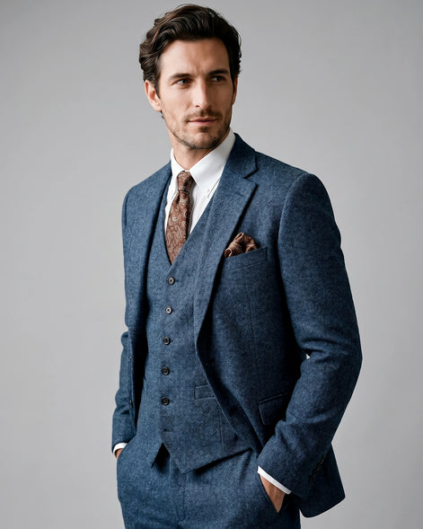 Men's Slim Fit 3 Piece Suit with Vest Navy Blue & Black XS–3XL - Valedrian — view 11