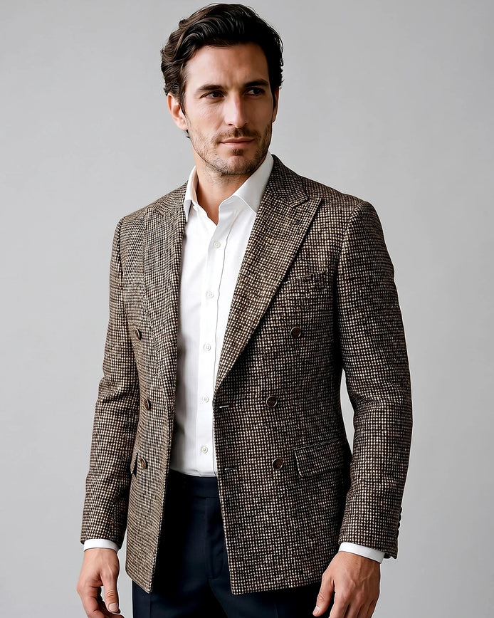 Men's Slim Fit Double-Breasted Blazer Check Pattern Brown Gray - Valedrian