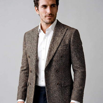 Men's Slim Fit Double-Breasted Blazer Check Pattern Brown Gray - Valedrian