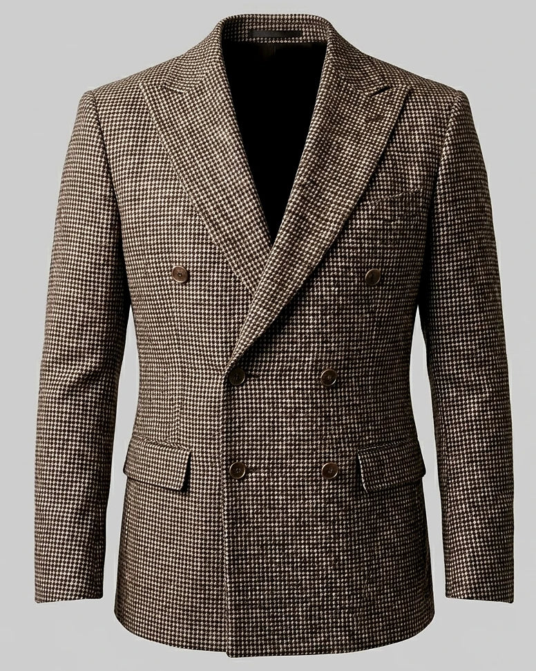 Men's Slim Fit Double-Breasted Blazer Check Pattern Brown Gray - Valedrian — view 2