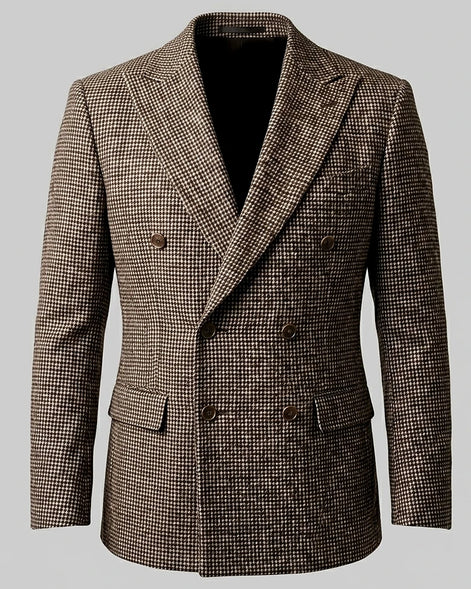 Men's Slim Fit Double-Breasted Blazer Check Pattern Brown Gray - Valedrian — view 2