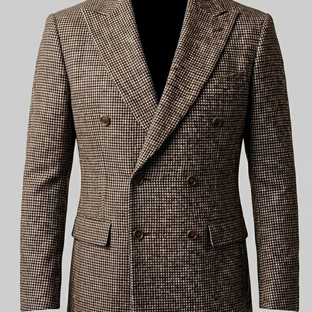 Men's Slim Fit Double-Breasted Blazer Check Pattern Brown Gray - Valedrian — view 2