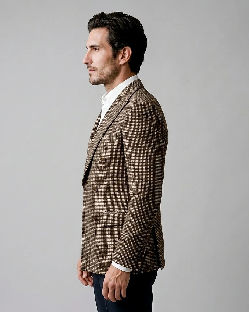 Men's Slim Fit Double-Breasted Blazer Check Pattern Brown Gray - Valedrian — view 3