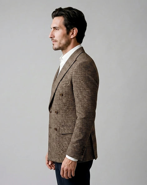 Men's Slim Fit Double-Breasted Blazer Check Pattern Brown Gray - Valedrian — view 3