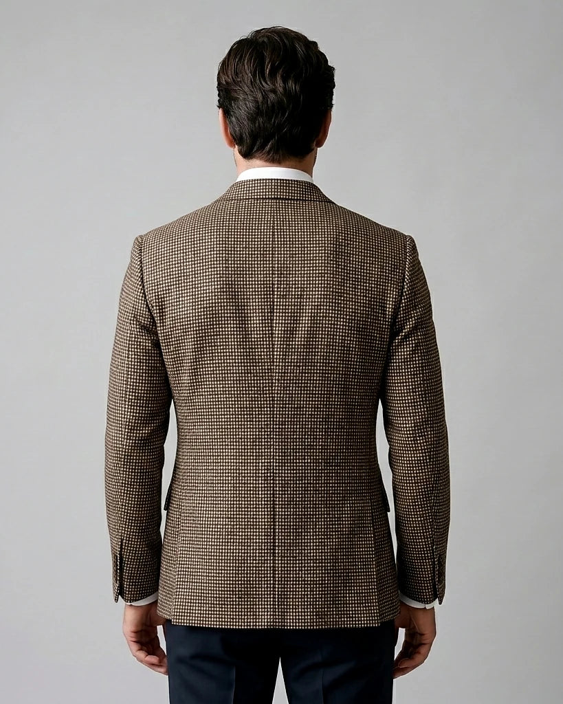 Men's Slim Fit Double-Breasted Blazer Check Pattern Brown Gray - Valedrian — view 4