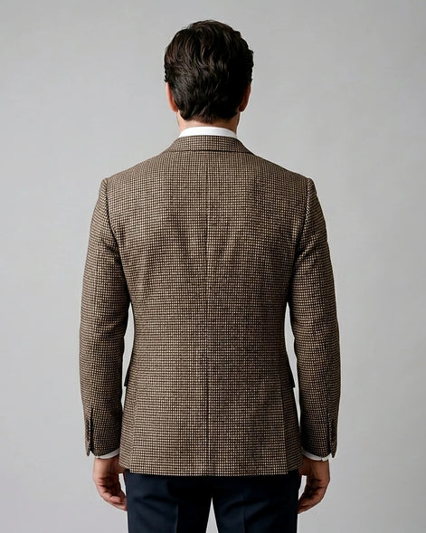 Men's Slim Fit Double-Breasted Blazer Check Pattern Brown Gray - Valedrian — view 4