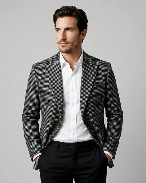 Men's Slim Fit Double-Breasted Blazer Check Pattern Brown Gray - Valedrian — view 7