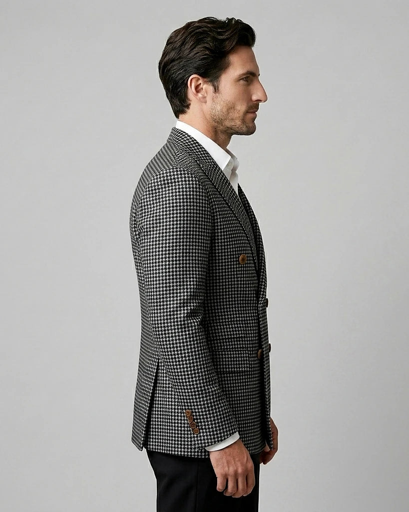 Men's Slim Fit Double-Breasted Blazer Check Pattern Brown Gray - Valedrian — view 8