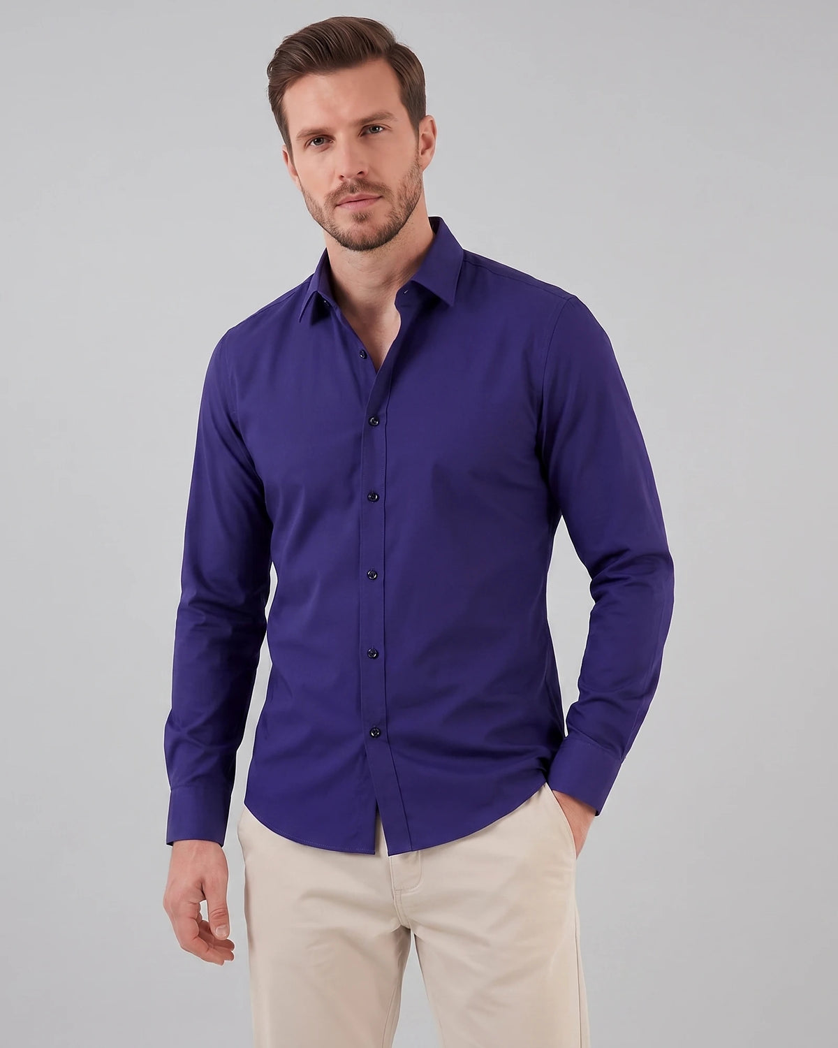 Men's Slim Fit Dress Shirt Long Sleeve Point Collar Polyester - Valedrian — view 52
