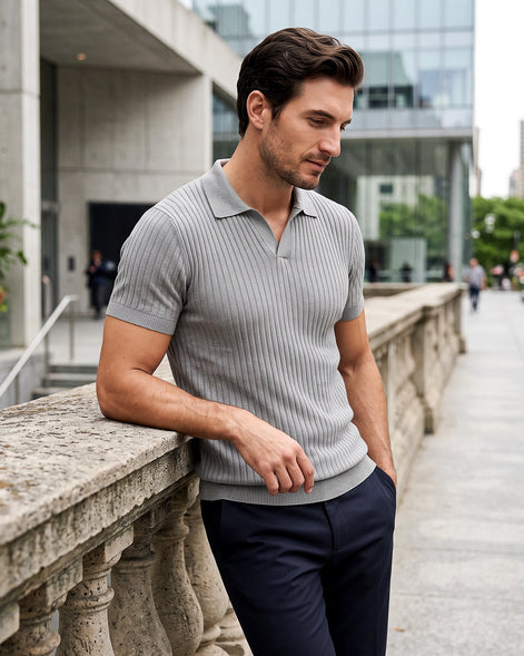 Men's Slim Fit Ribbed Polo Shirt V-Neck Short Sleeve - Valedrian — view 12