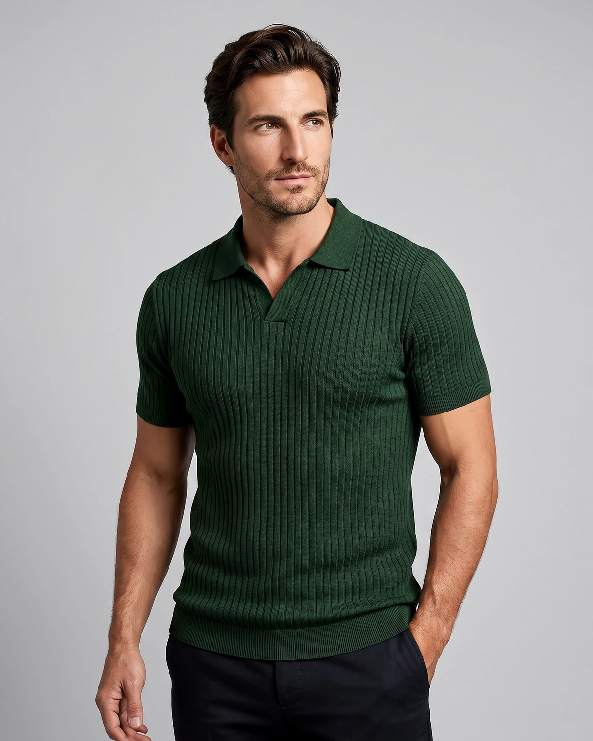 Men's Slim Fit Ribbed Polo Shirt V-Neck Short Sleeve - Valedrian — view 13