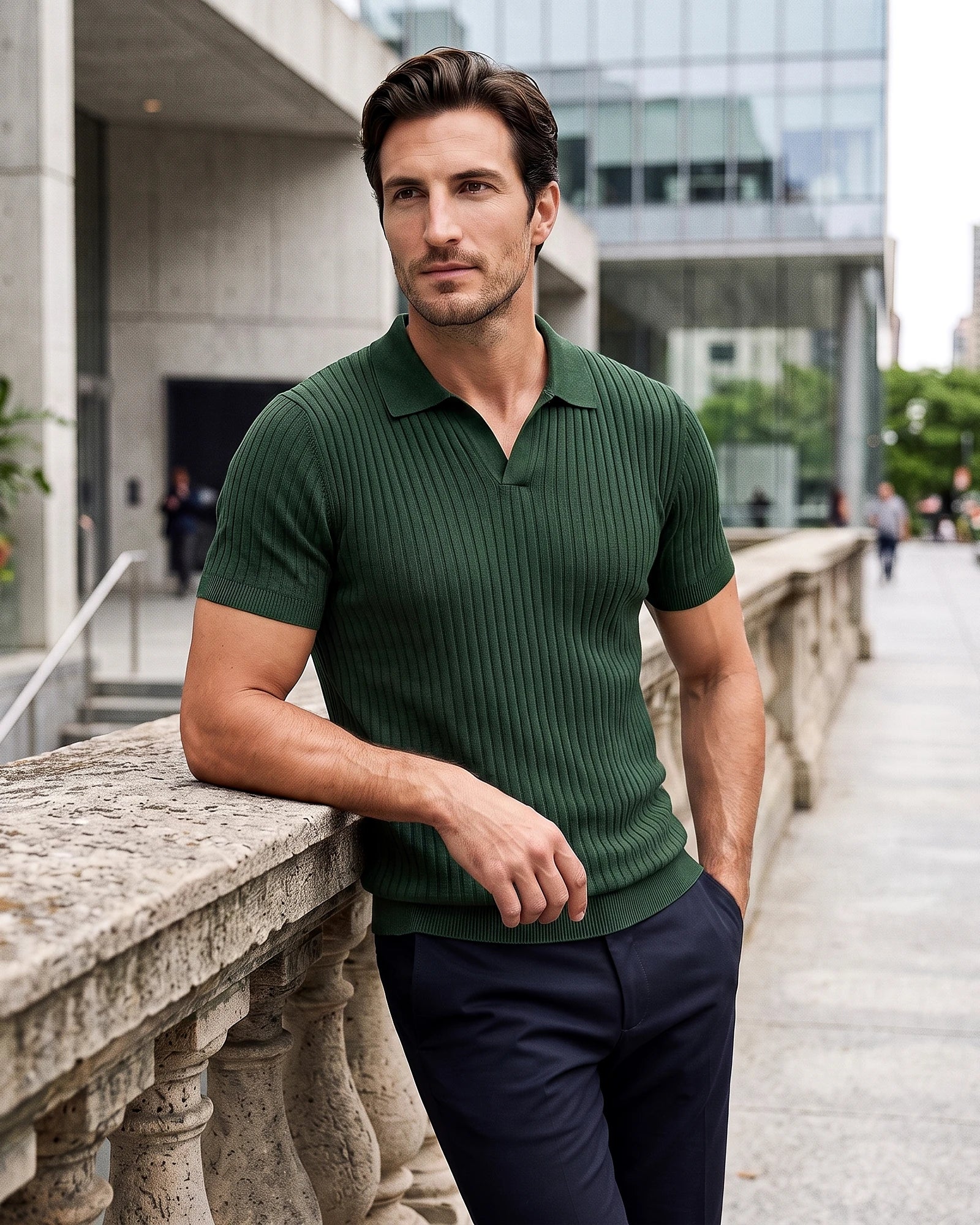 Men's Slim Fit Ribbed Polo Shirt V-Neck Short Sleeve - Valedrian — view 18
