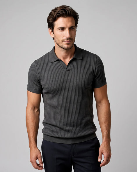 Men's Slim Fit Ribbed Polo Shirt V-Neck Short Sleeve - Valedrian — view 19