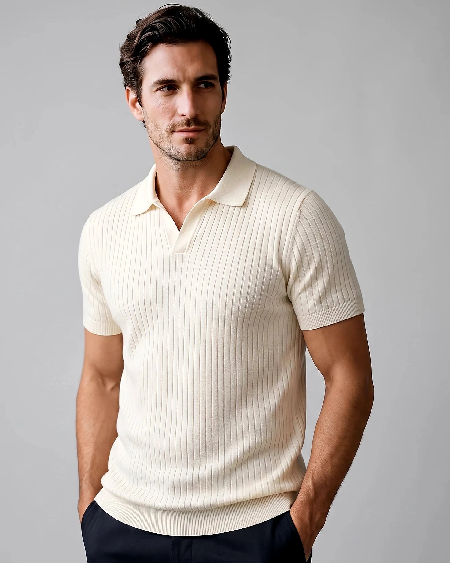 Men's Slim Fit Ribbed Polo Shirt V-Neck Short Sleeve - Valedrian