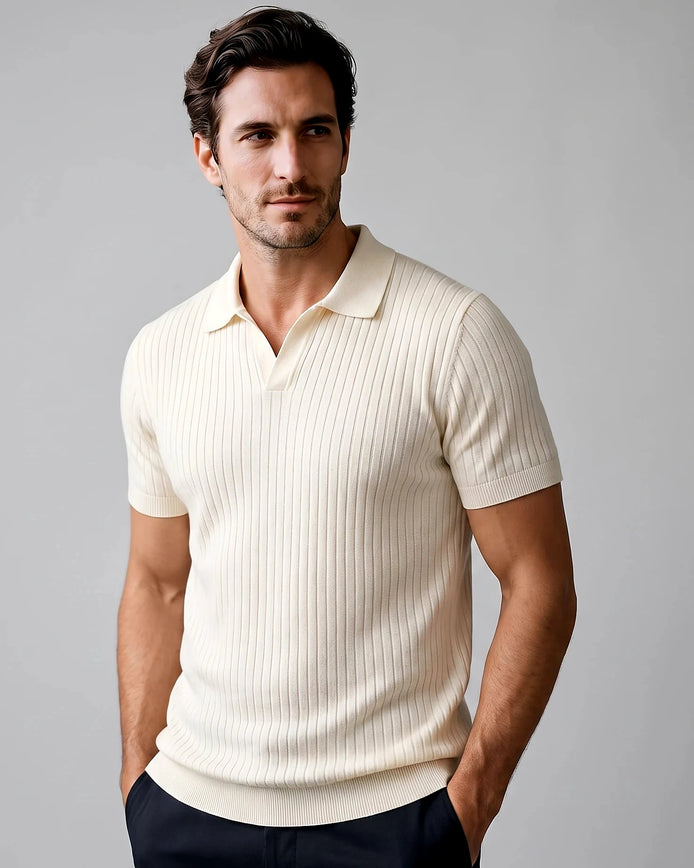 Men's Slim Fit Ribbed Polo Shirt V-Neck Short Sleeve - Valedrian