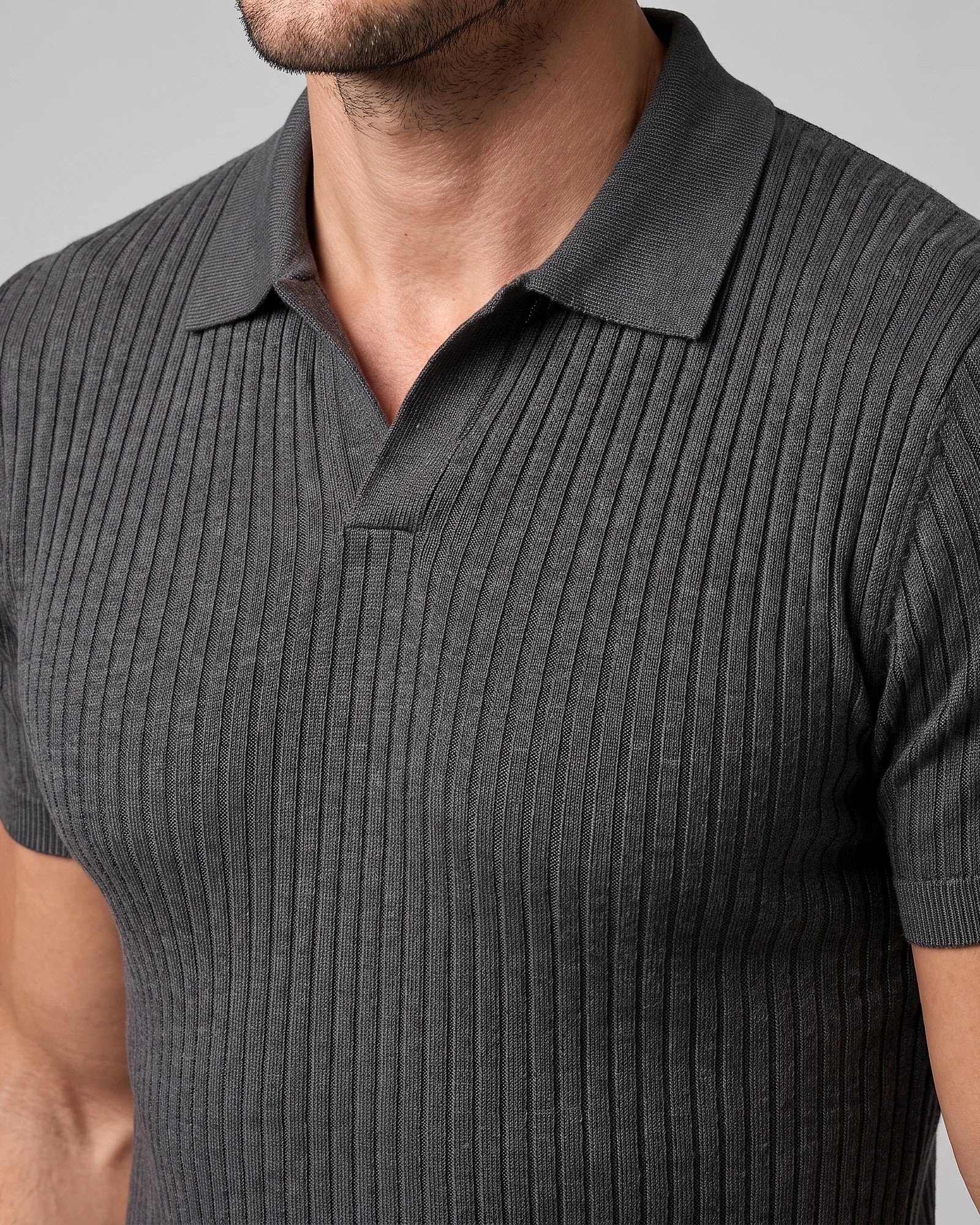 Men's Slim Fit Ribbed Polo Shirt V-Neck Short Sleeve - Valedrian — view 22