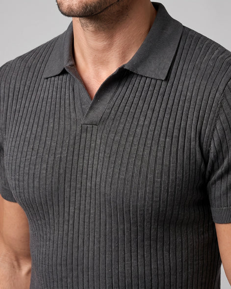 Men's Slim Fit Ribbed Polo Shirt V-Neck Short Sleeve - Valedrian — view 22