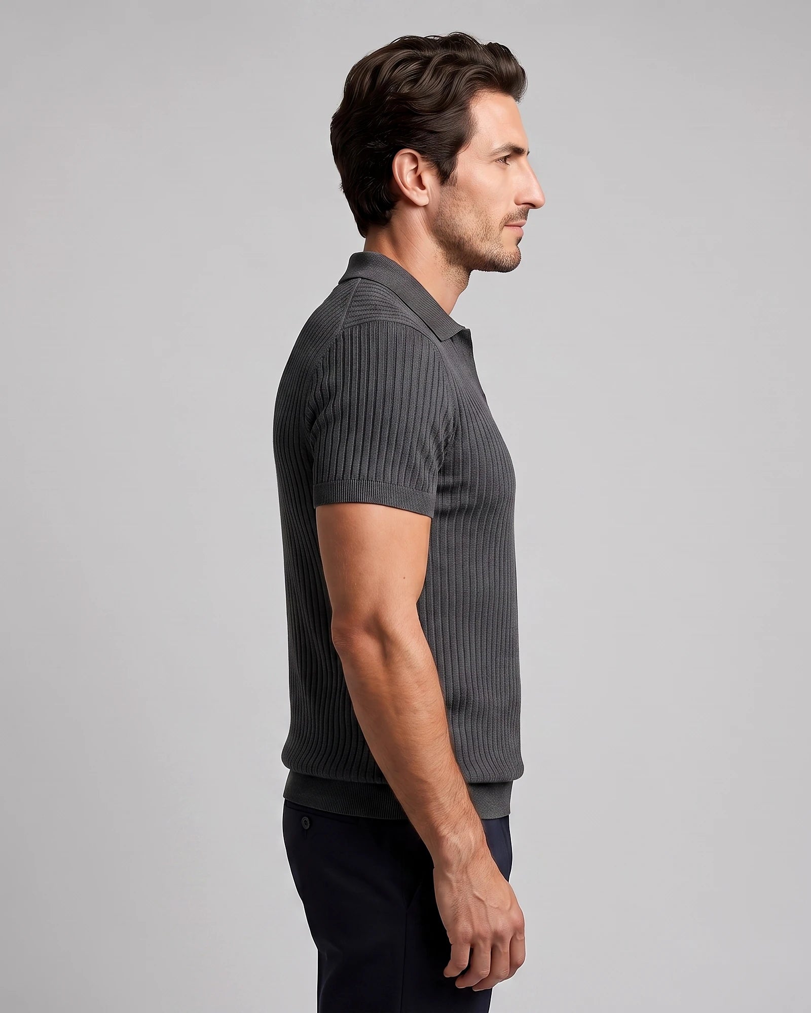 Men's Slim Fit Ribbed Polo Shirt V-Neck Short Sleeve - Valedrian — view 23