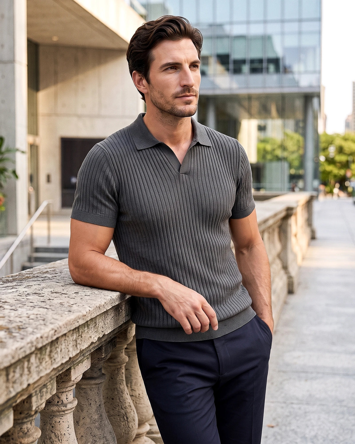 Men's Slim Fit Ribbed Polo Shirt V-Neck Short Sleeve - Valedrian — view 24
