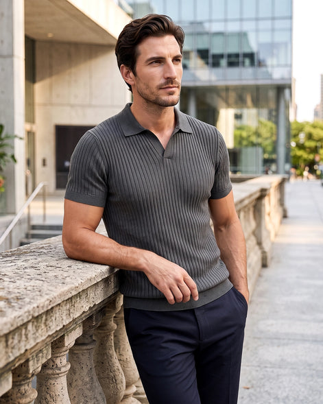Men's Slim Fit Ribbed Polo Shirt V-Neck Short Sleeve - Valedrian — view 24