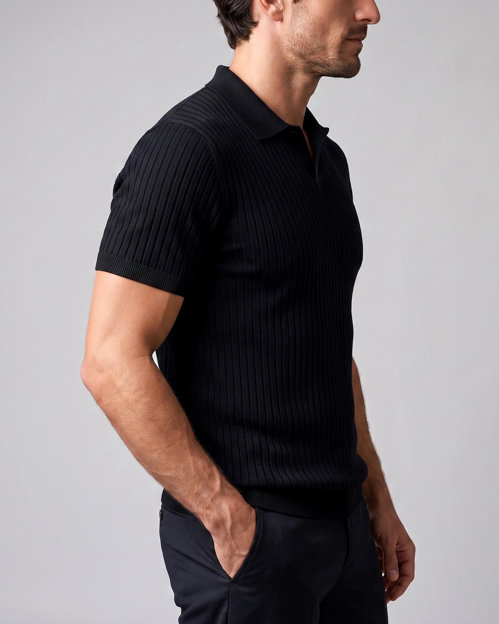 Men's Slim Fit Ribbed Polo Shirt V-Neck Short Sleeve - Valedrian — view 28
