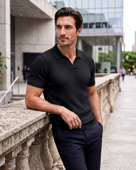 Men's Slim Fit Ribbed Polo Shirt V-Neck Short Sleeve - Valedrian — view 30