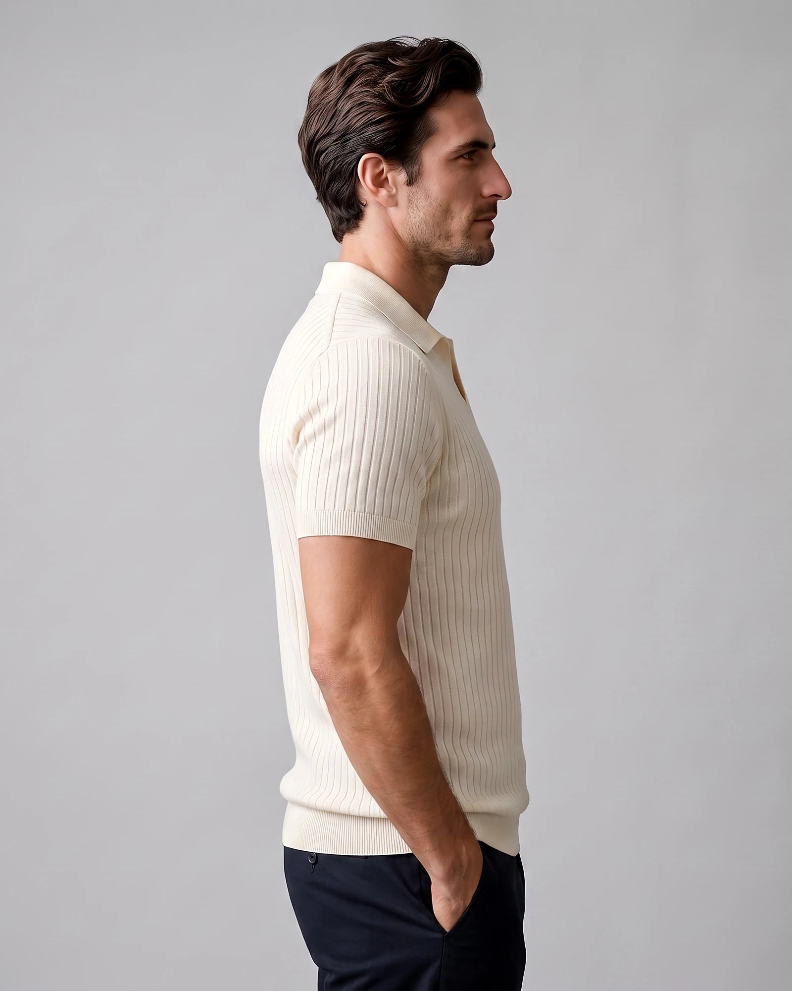 Men's Slim Fit Ribbed Polo Shirt V-Neck Short Sleeve - Valedrian — view 4