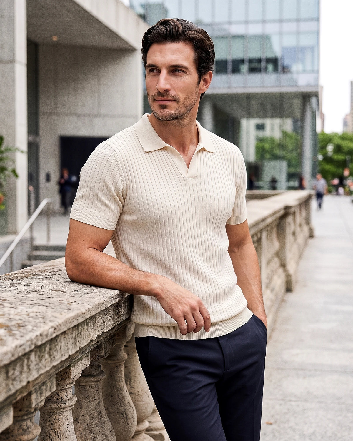 Men's Slim Fit Ribbed Polo Shirt V-Neck Short Sleeve - Valedrian — view 6