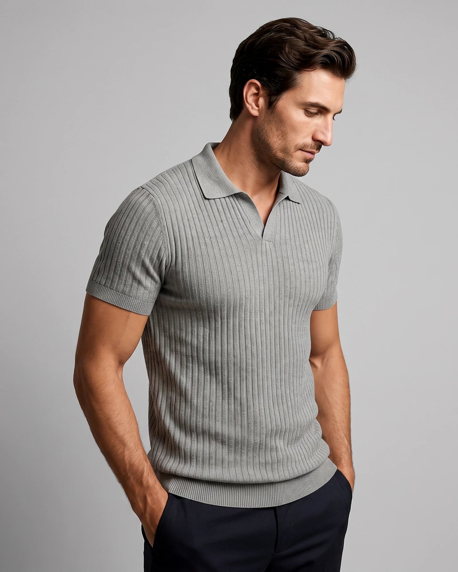 Men's Slim Fit Ribbed Polo Shirt V-Neck Short Sleeve - Valedrian — view 7