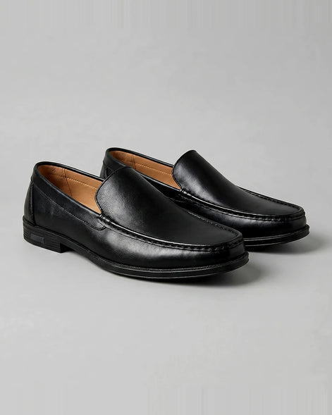 Men's Slip-On Loafers Black Leather-Look Raised Stitch Toe - Valedrian