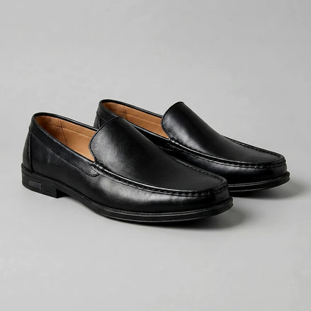 Men's Slip-On Loafers Black Leather-Look Raised Stitch Toe - Valedrian