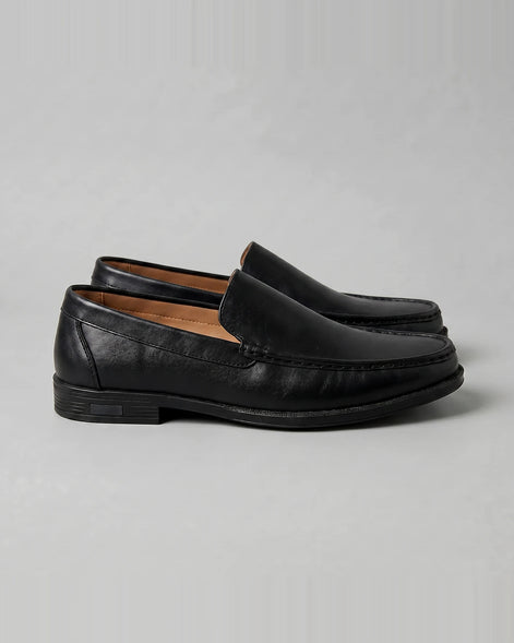 Men's Slip-On Loafers Black Leather-Look Raised Stitch Toe - Valedrian — view 2
