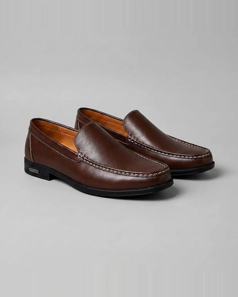 Men's Slip-On Loafers Black Leather-Look Raised Stitch Toe - Valedrian — view 6
