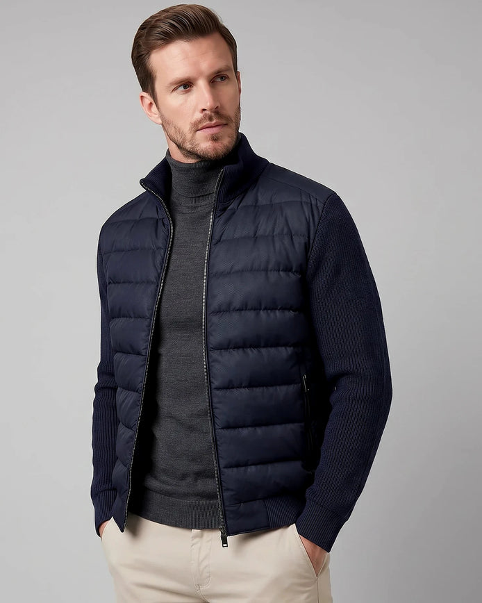 Men's Smart Casual Down Jacket with Knit Sleeves, Navy or Brown – Valedrian