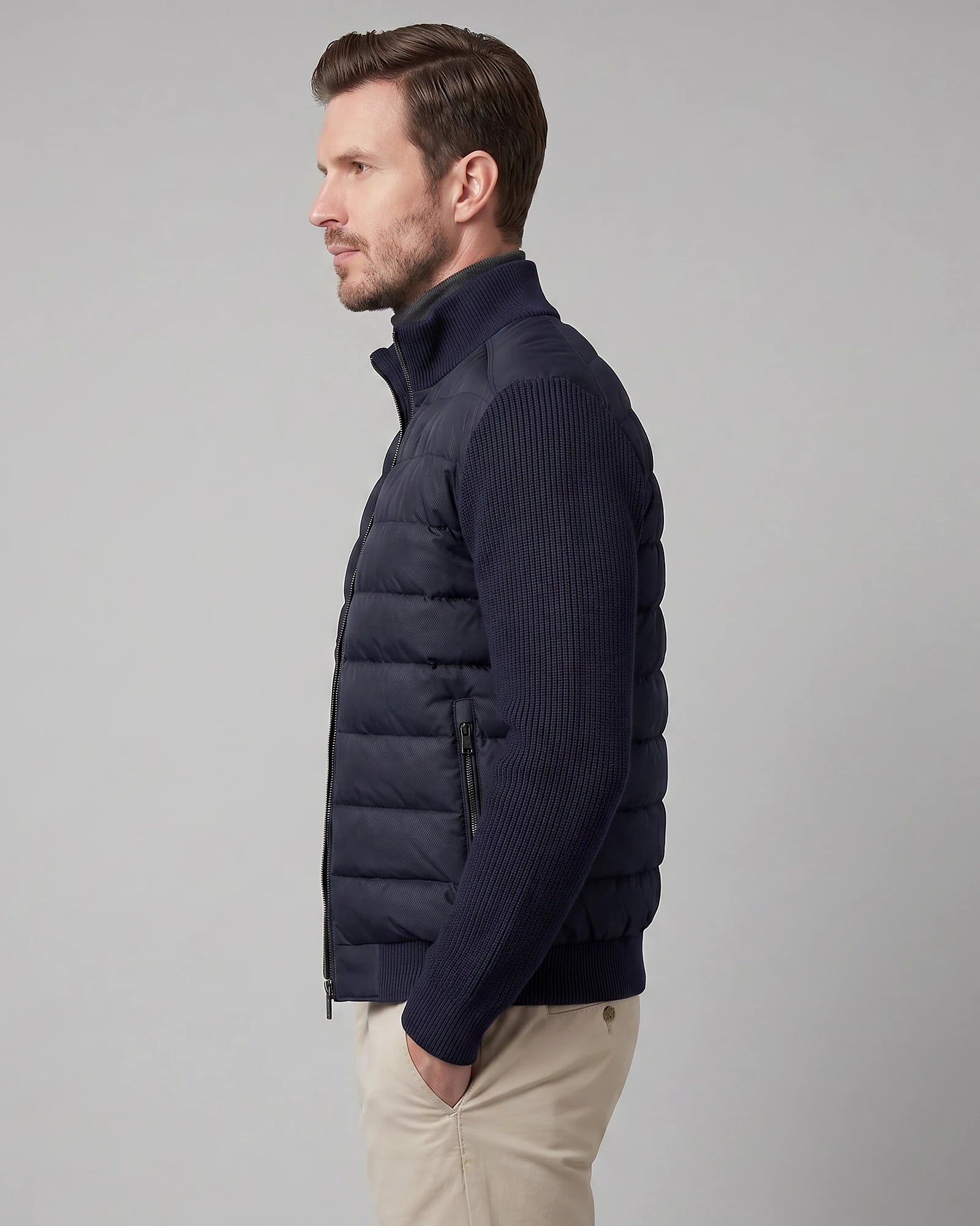 Men's Smart Casual Down Jacket with Knit Sleeves, Navy or Brown – Valedrian — view 3