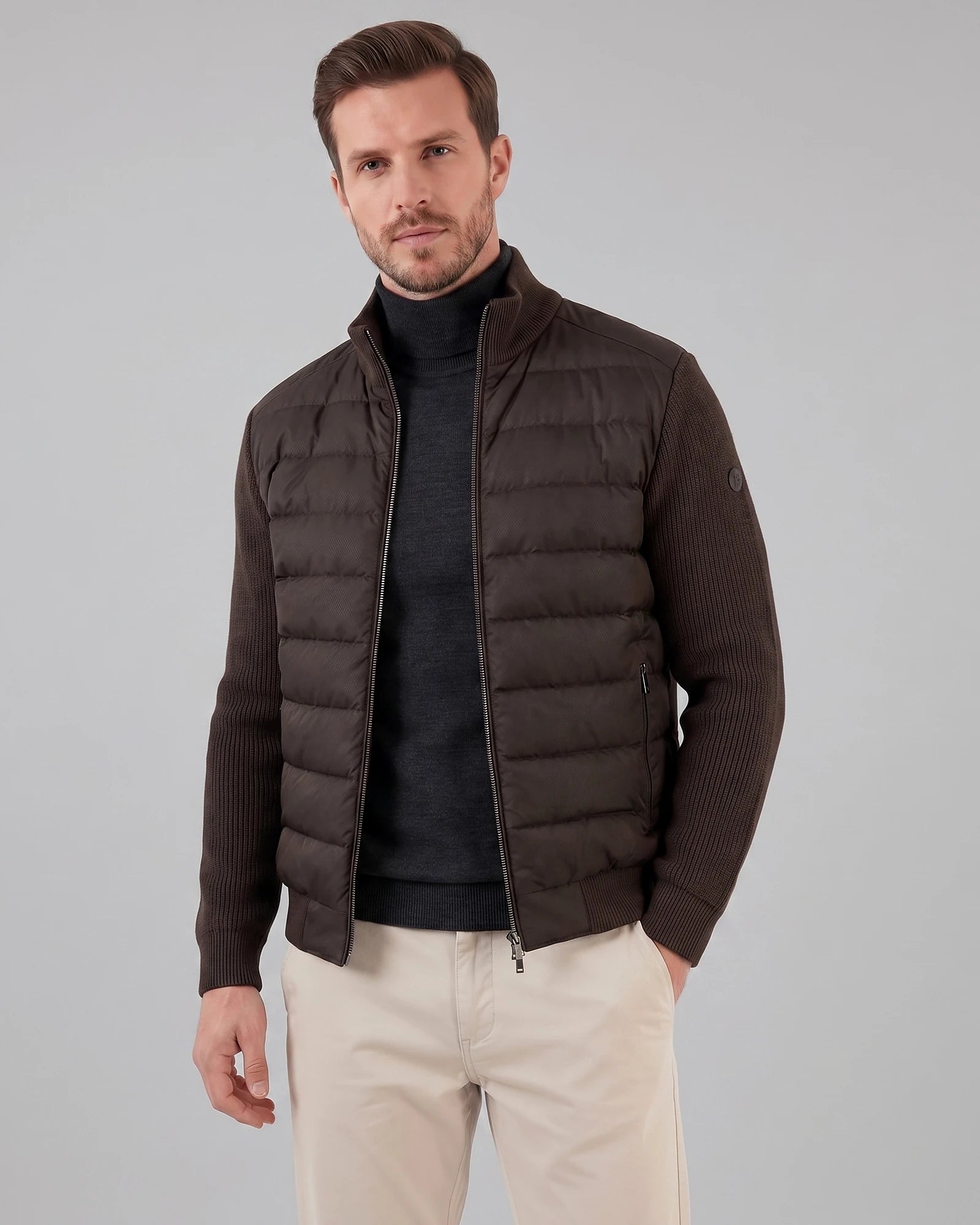 Men's Smart Casual Down Jacket with Knit Sleeves, Navy or Brown – Valedrian — view 7