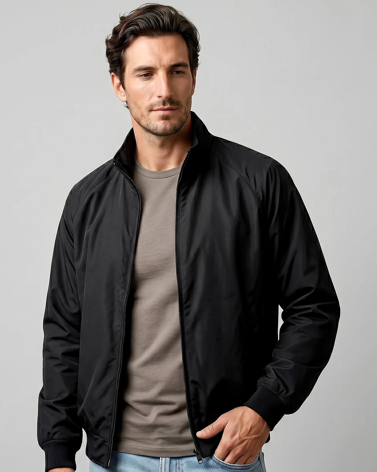 Men's Smart Casual Harrington Jacket Polyester Full-Zip Black Beige - Valedrian