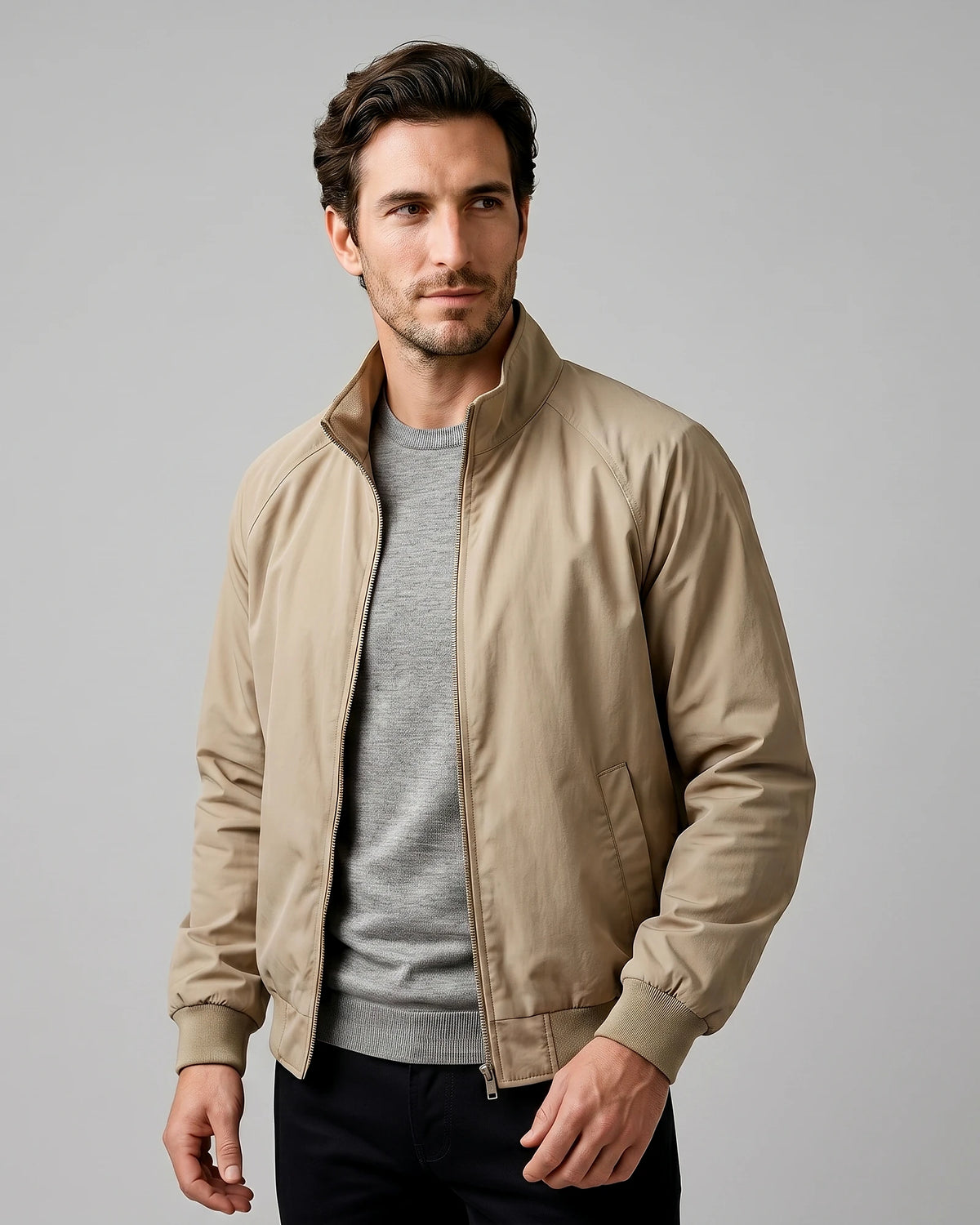 Men's Smart Casual Harrington Jacket Polyester Full-Zip Black Beige - Valedrian — view 7