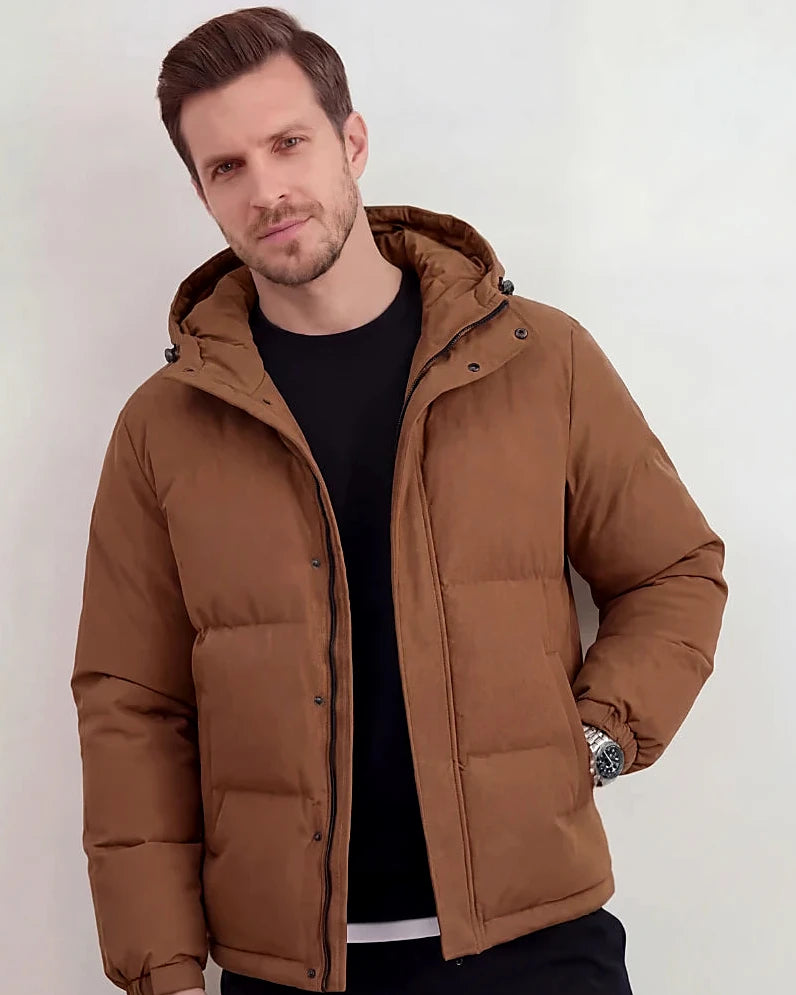 Men's Smart Casual Puffer Jacket Brown Hooded Zip-Up - Valedrian
