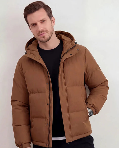 Men's Smart Casual Puffer Jacket Brown Hooded Zip-Up - Valedrian
