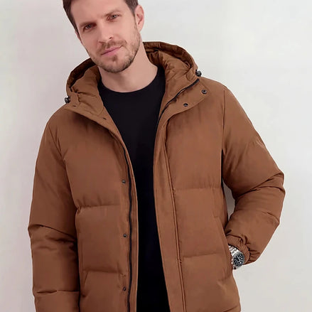 Men's Smart Casual Puffer Jacket Brown Hooded Zip-Up - Valedrian