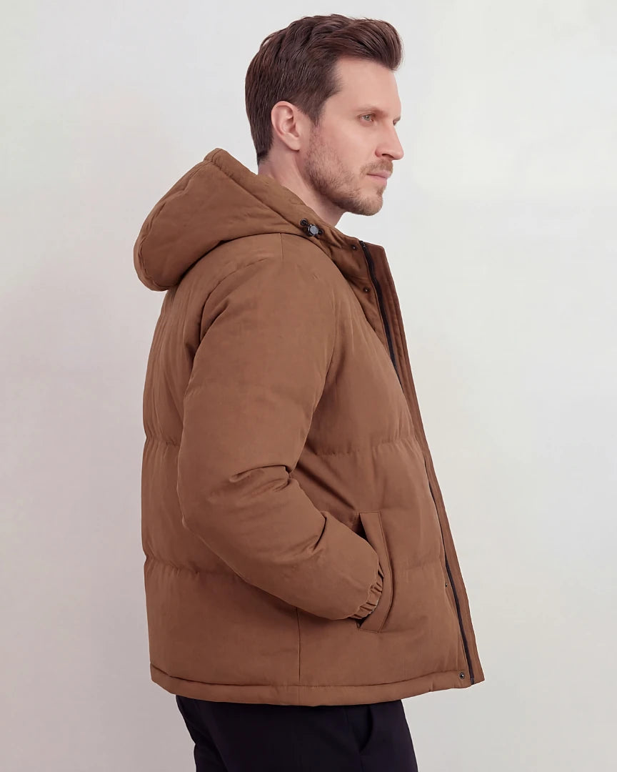 Men's Smart Casual Puffer Jacket Brown Hooded Zip-Up - Valedrian — view 2