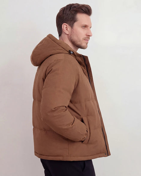 Men's Smart Casual Puffer Jacket Brown Hooded Zip-Up - Valedrian — view 2