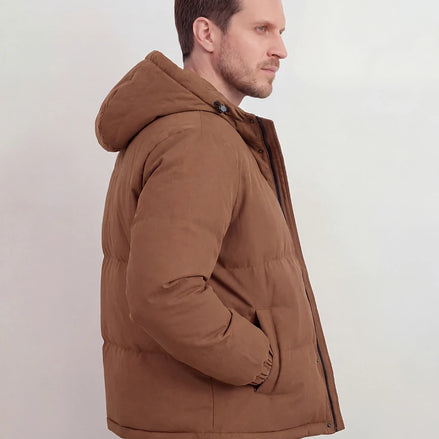 Men's Smart Casual Puffer Jacket Brown Hooded Zip-Up - Valedrian — view 2