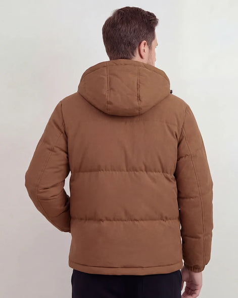 Men's Smart Casual Puffer Jacket Brown Hooded Zip-Up - Valedrian — view 3